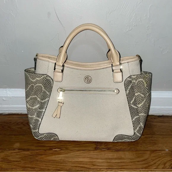 Tory Burch Frances Snakeskin Canvas Satchel Shoulder Bag - Picture 2 of 7